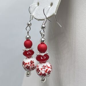 Artisan Red Glass Wood Floral Ceramic Beaded Dangle Earrings Silver Tone Unique